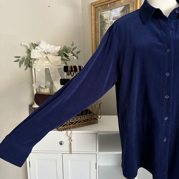 Formal Velour Shirt Formal Blue Top Blouse Vintage Talbots Women’s Size L - Picture 5 of 13